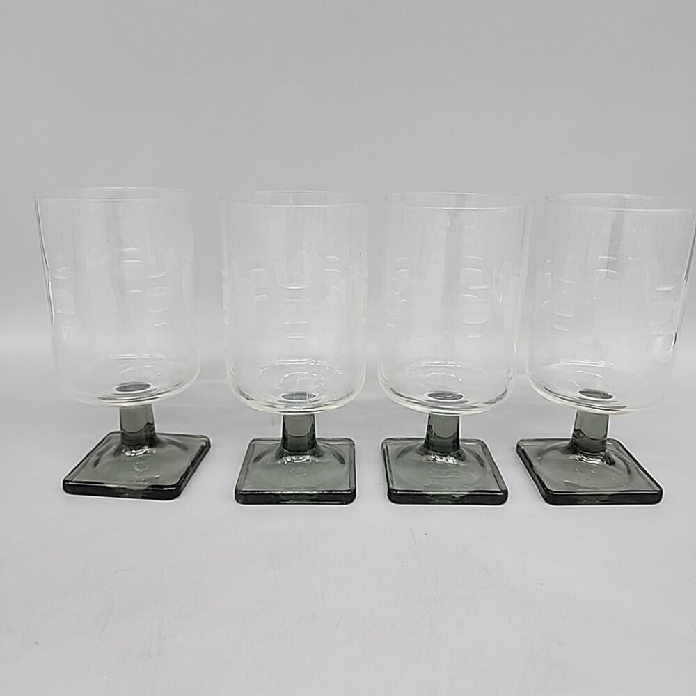 Set 4 Vintage 4.75" Modern Design Etched Glass Javit Smokey Water Glasses Goblet